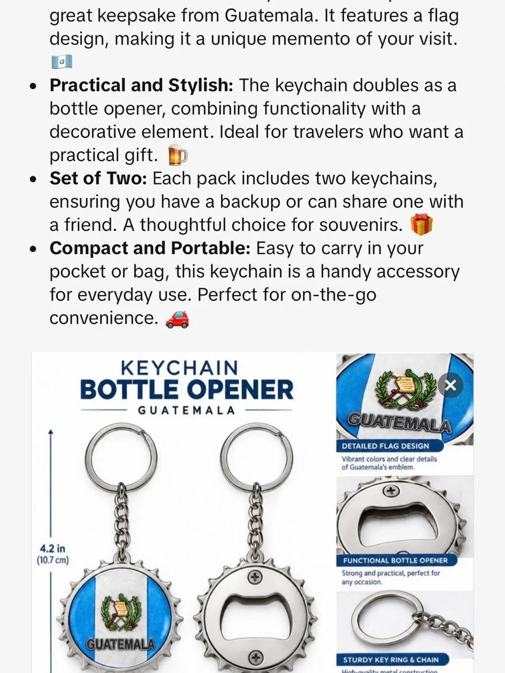 2 pack- Guatemala Flag Bottle Cap Keychain - Silver Keyring (Blue & White)